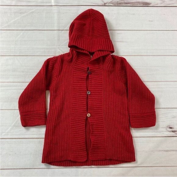Tea Collection Kids Red Hooded Long Sleeve Button Up Knit Sweater - Picture 1 of 6